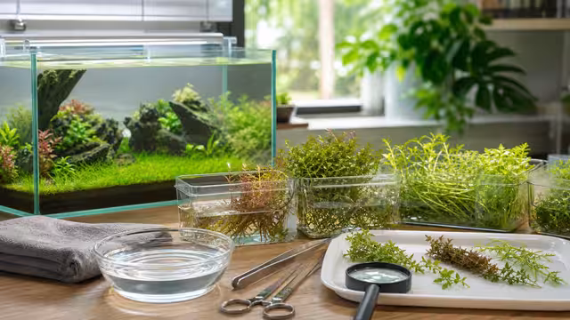 Aquarium plants resting in clear quarantine containers beside tweezers, a magnifier, rinse bowl, towel, and planted tank.