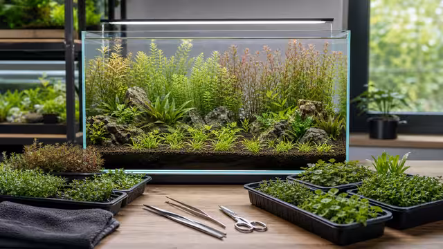 A new aquascape being planted densely with stems, rosettes, foreground plants, stones, tweezers, and scissors.