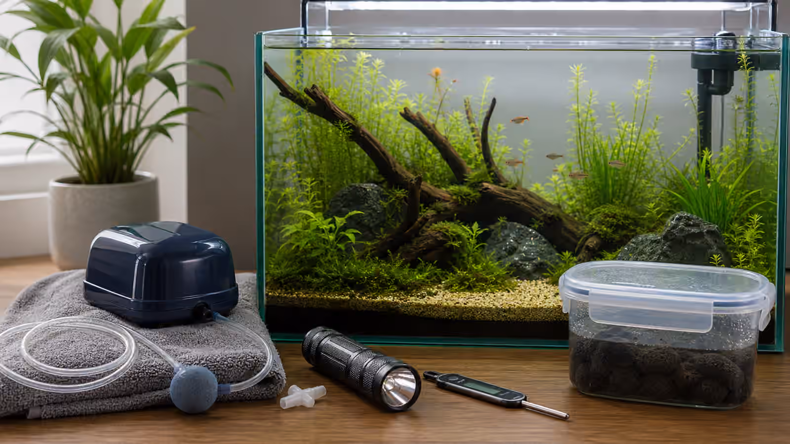 A planted aquarium during an outage plan with battery air pump, towel, thermometer, flashlight, and covered filter media container.