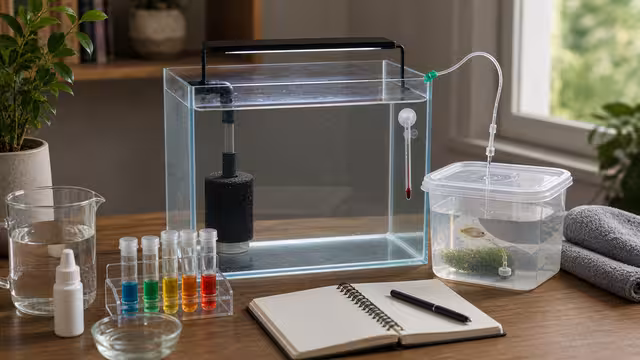 A simple quarantine aquarium with sponge filter, heater, thermometer, observation notebook, drip line, and covered container.