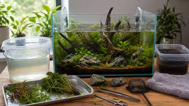 A mature planted aquarium being carefully rescaped with saved tank water, wet filter media, plant trimmings, net, towel, and hardscape.