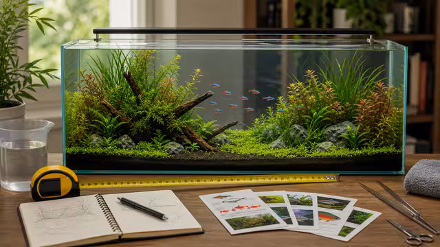 A planted aquarium with open swimming space for a small school of fish, plant cover at the edges, and a tank-size planning card.