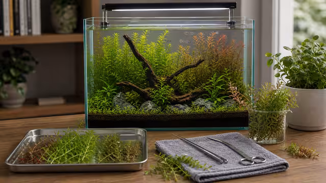 Aquarium stem plants being trimmed with aquascaping scissors beside a tray of healthy cuttings and a planted tank.