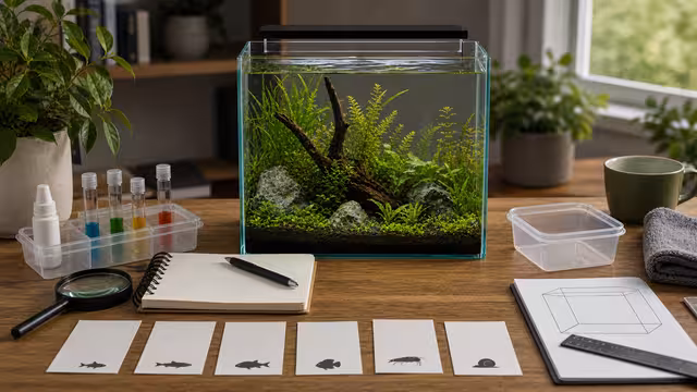 A small planted aquarium with a stocking worksheet, measuring tape, test kit, and careful species research notes beside the glass.