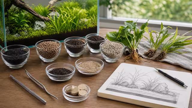Aquarium substrate samples in bowls beside rooted aquatic plants, tweezers, root tabs, and a planted tank sketch.