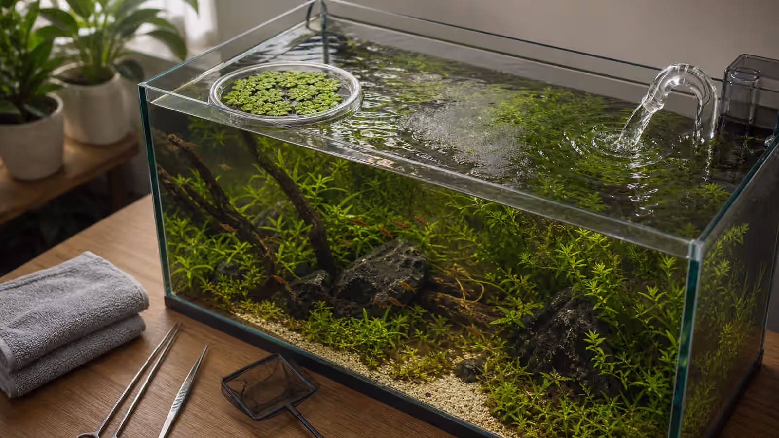 A planted aquarium surface with gentle ripple, a subtle film patch, filter outlet, floating plant corral, and towel nearby.