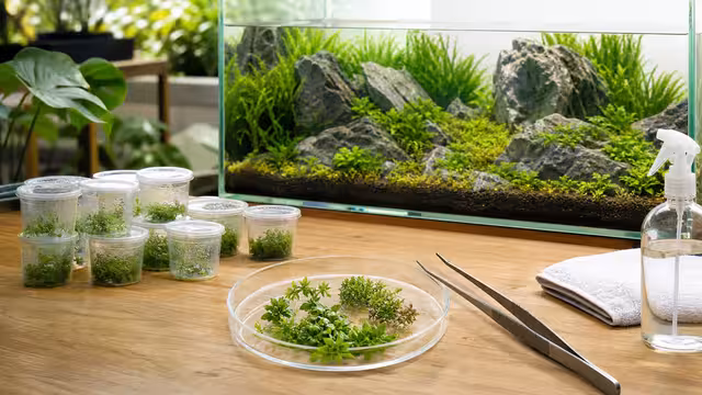 Tissue culture aquarium plants being rinsed and portioned beside a planted aquascape.