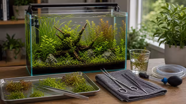 Aquascaping scissors, tweezers, trimmed aquatic plant cuttings, and a planted aquarium with a partially shaped stem group.