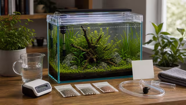 A planted aquarium prepared for vacation with light timer, measured food packets, top-off mark, caretaker note, and clean equipment.