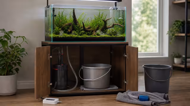 Aquarium leak-prevention setup with level stand, towel, leak sensor, controlled siphon hose, and dry floor around a planted tank.