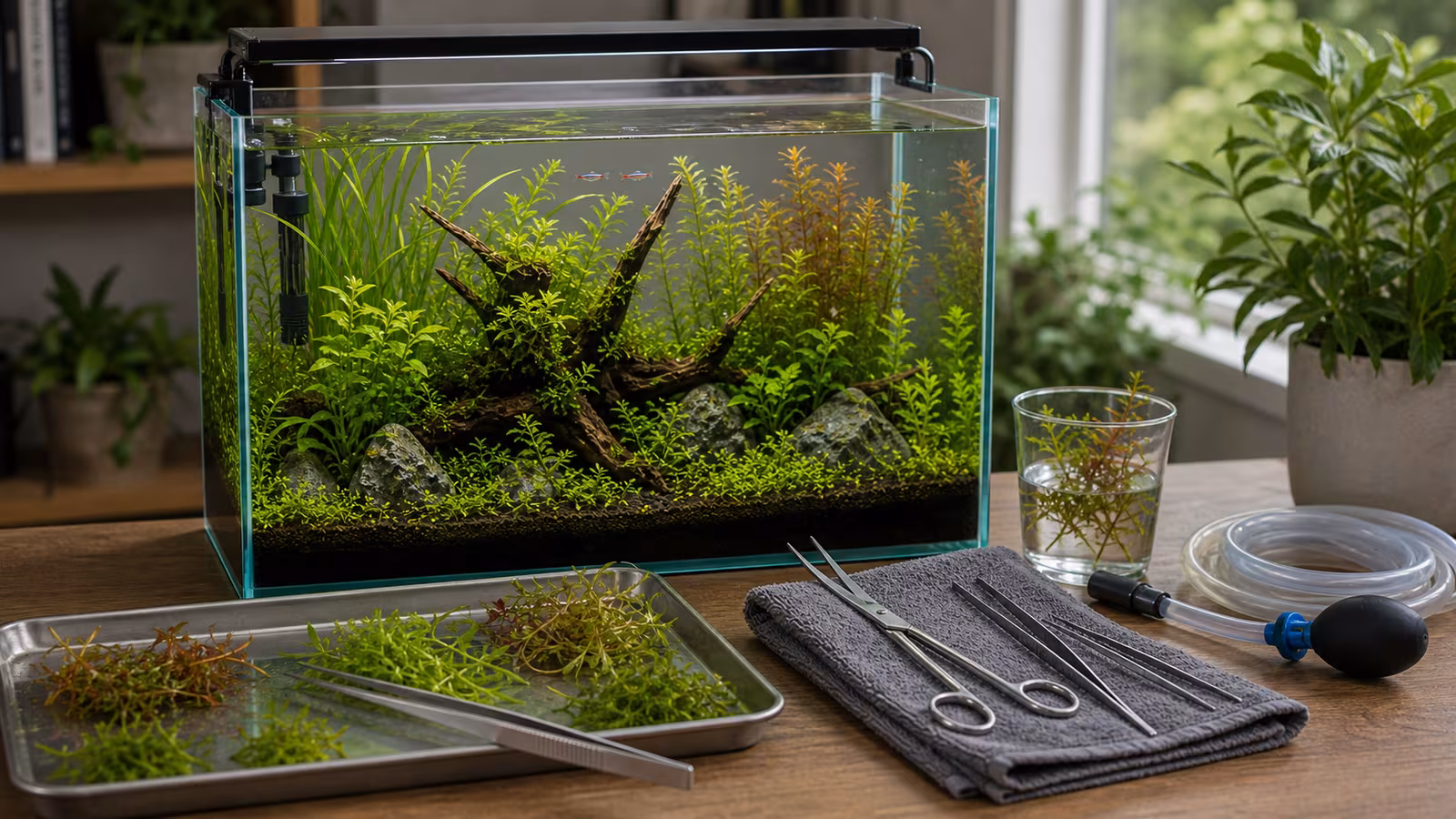 Aquascaping scissors, tweezers, trimmed aquatic plant cuttings, and a planted aquarium with a partially shaped stem group.