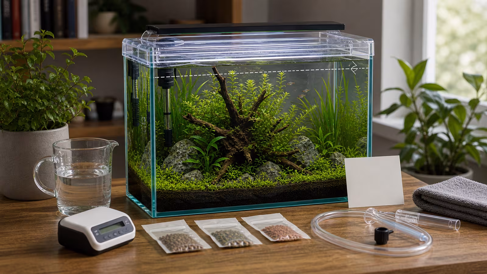 A planted aquarium prepared for vacation with light timer, measured food packets, top-off mark, caretaker note, and clean equipment.