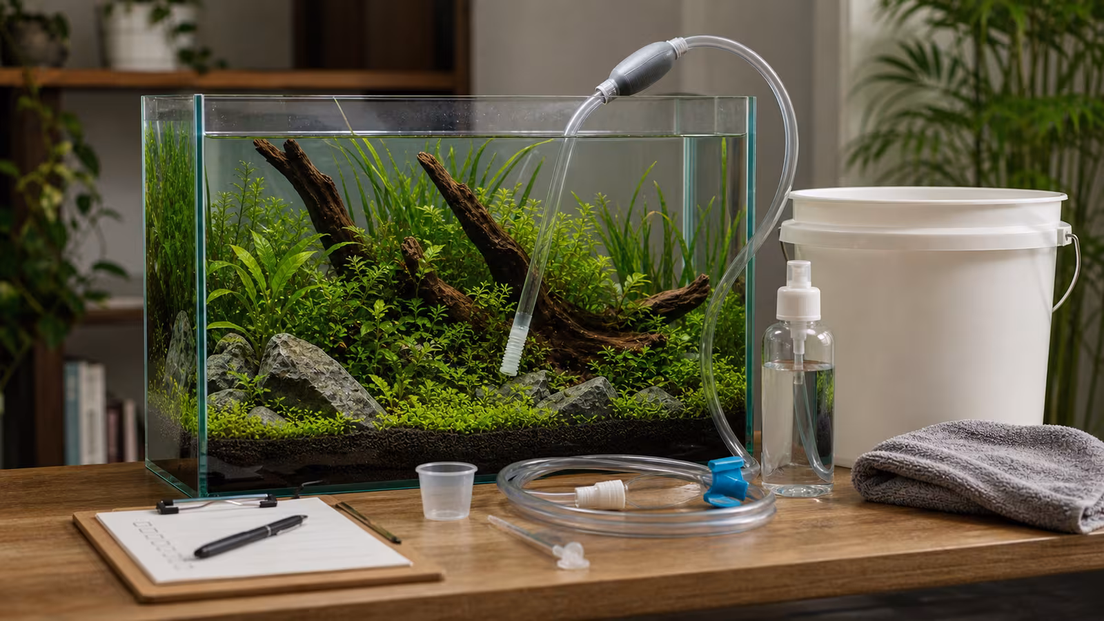 A planted aquarium water-change setup with siphon hose, bucket, towel, conditioner, thermometer, and maintenance checklist.