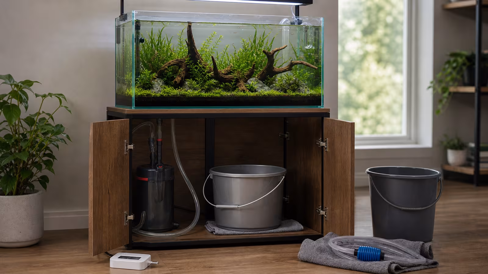 Aquarium leak-prevention setup with level stand, towel, leak sensor, controlled siphon hose, and dry floor around a planted tank.