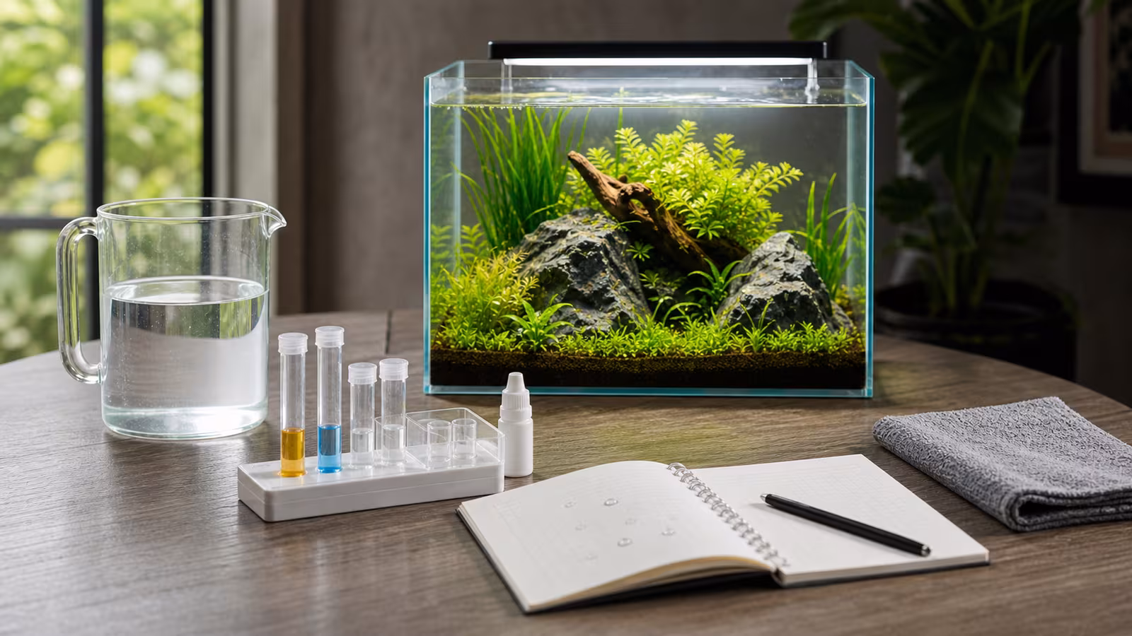 Aquarium water test kit, clear test tubes, notebook, planted nano tank, and water-change pitcher on a tidy table.