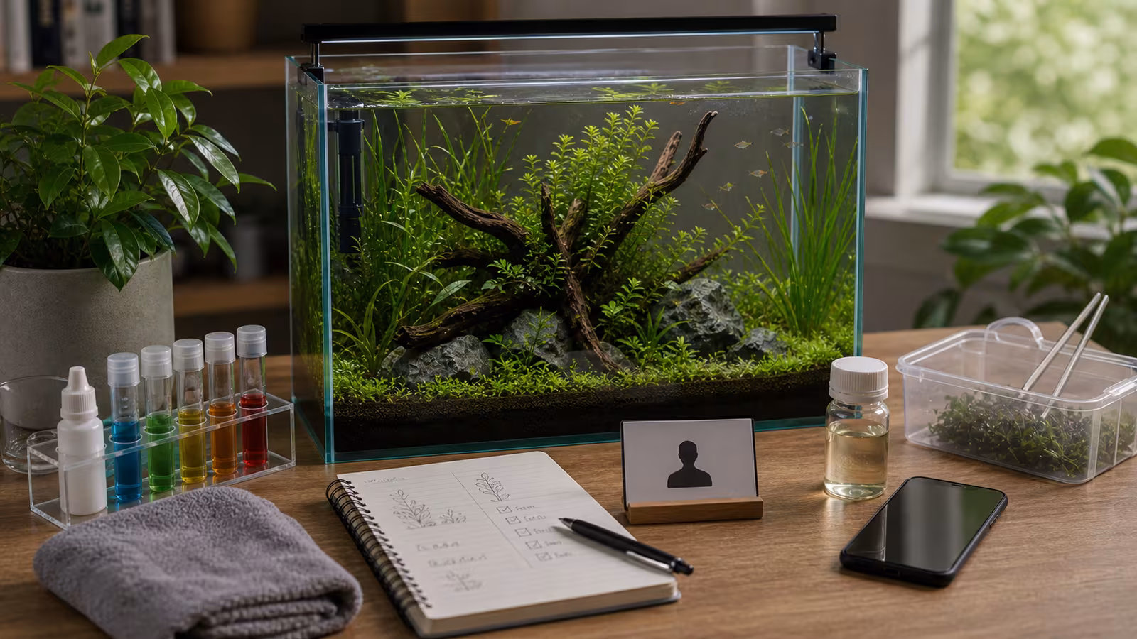 A planted aquarium troubleshooting scene with test kit, phone contact list, water sample bottle, towel, and calm observation notes.