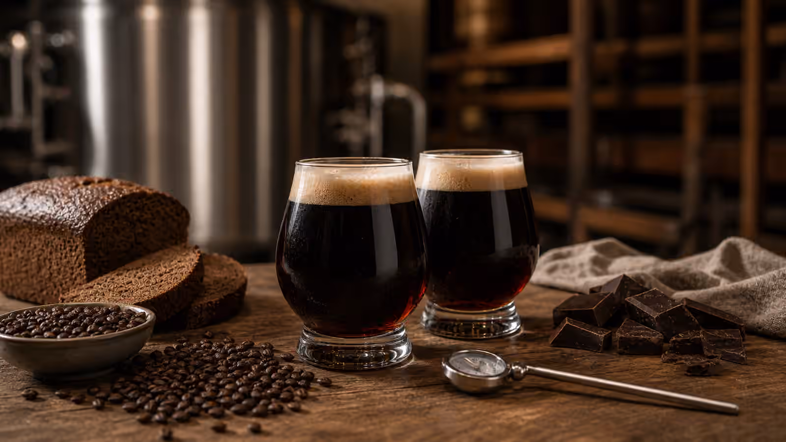 Two glasses of dark Baltic porter with ruby highlights beside dark bread and chocolate malt.