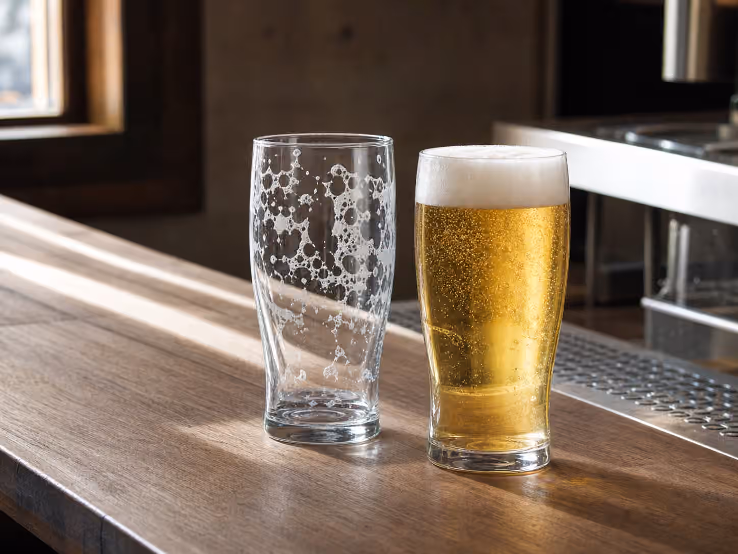 Spotless beer glasses on a bar with foam lacing and a fresh pale beer.