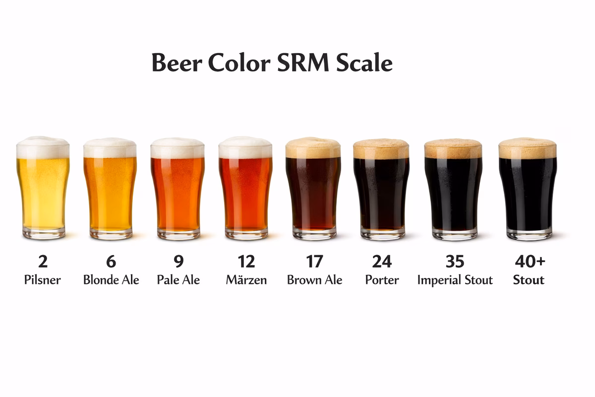 Beer color SRM scale chart showing glass examples ranging from pale straw (Pilsner) to amber (Pale Ale) to deep copper (Märzen) to black (Stout), labeled with SRM numbers and style names, clean white background