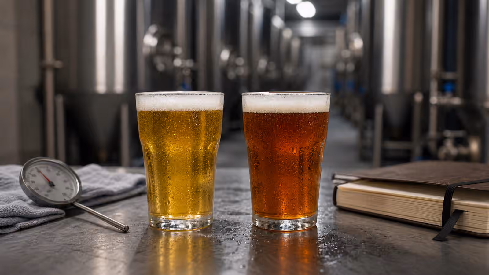 Golden and amber beer samples beside a thermometer and notebook in a brewery cellar.