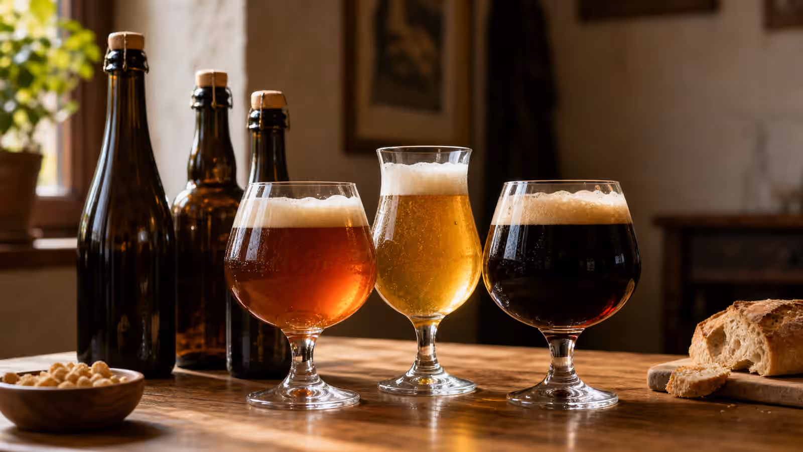 Three Belgian-style beers in stemmed glasses with plain corked bottles and bread.