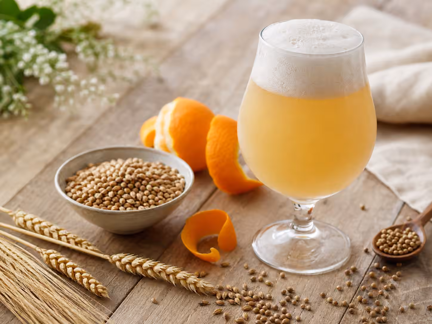 Cloudy pale witbier with orange peel, coriander, and wheat on a bright table.