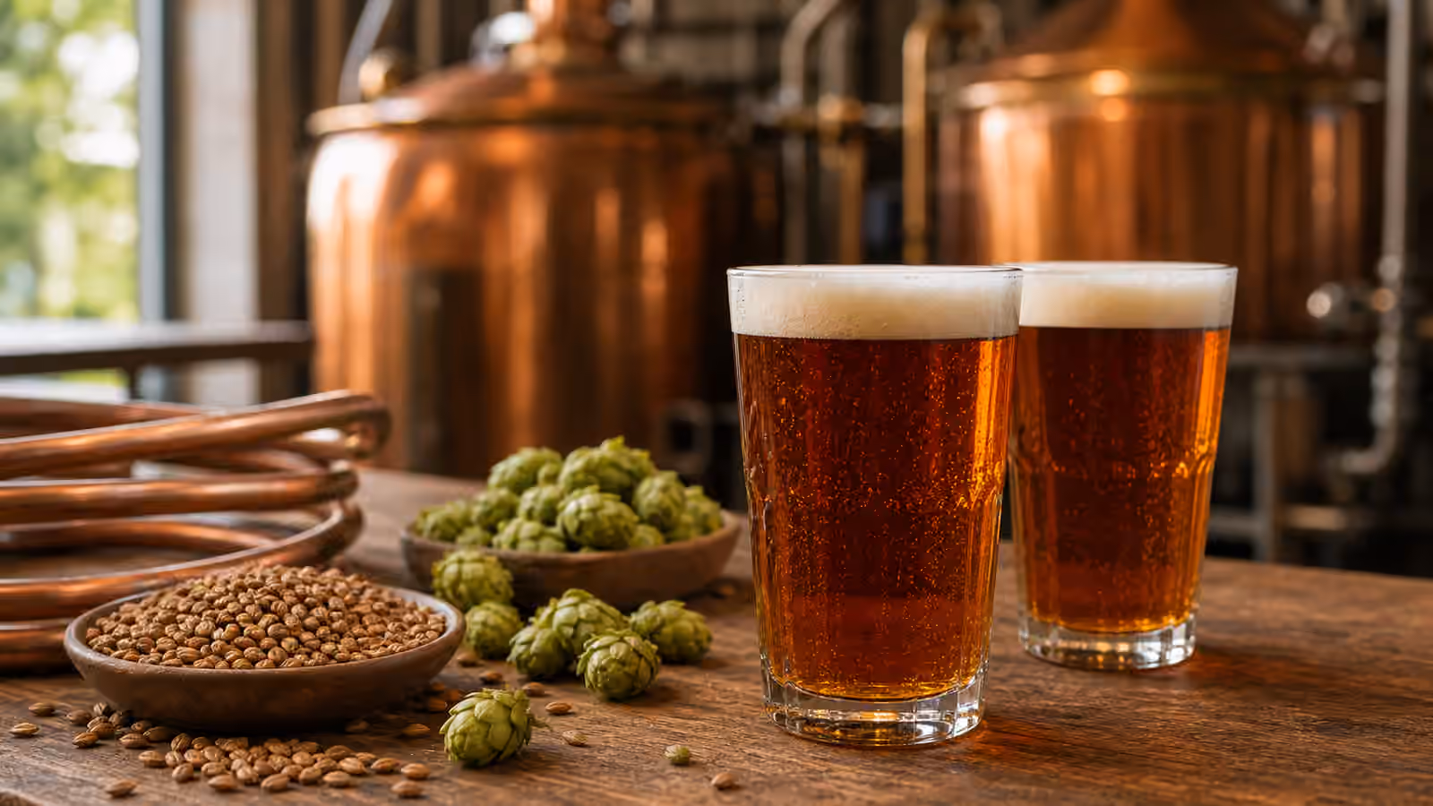 Amber California Common beers beside toasted malt, hops, and copper brewing equipment.