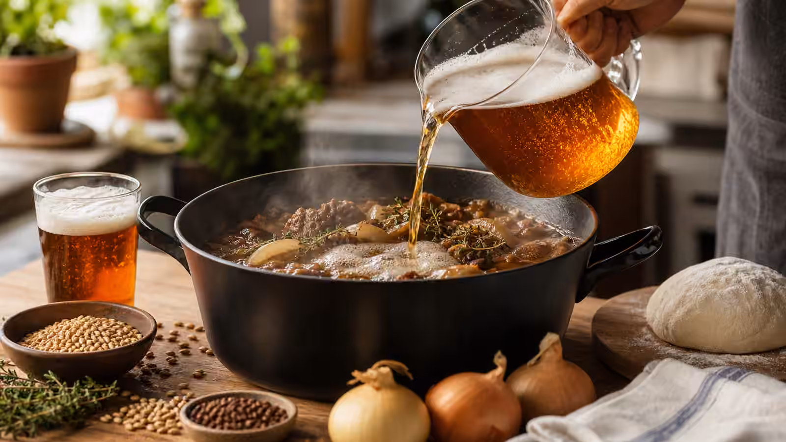 Amber beer being poured into a simmering pot beside malt, herbs, onions, and bread dough.