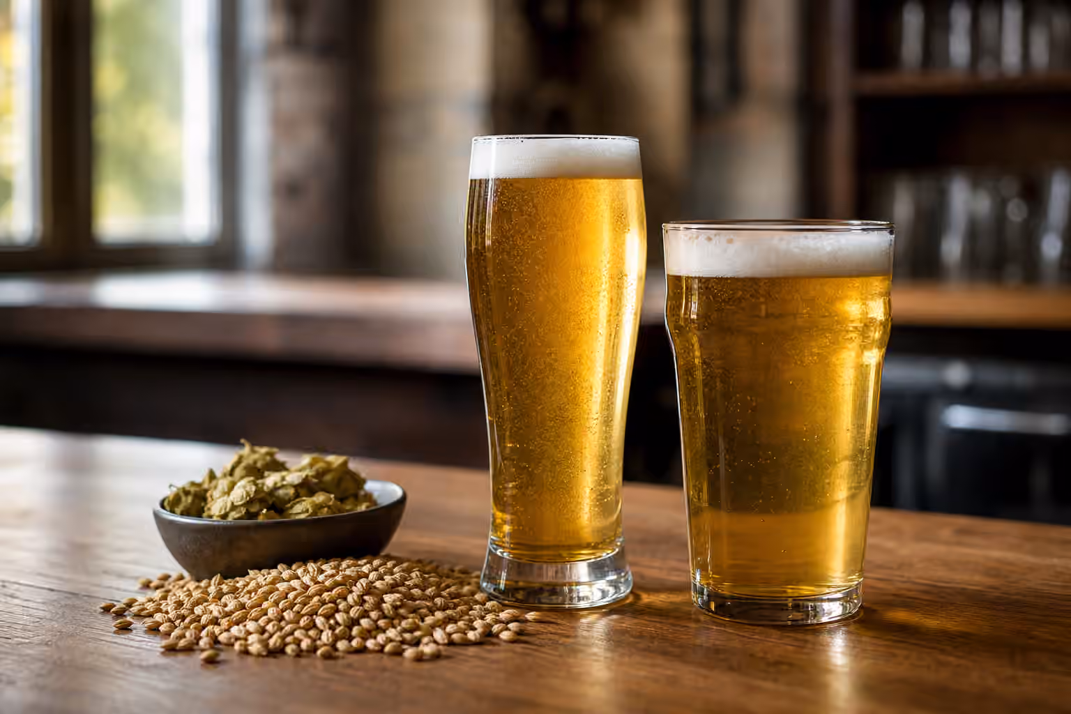 Two pale golden beers on a wooden bar with light malt and hops nearby.