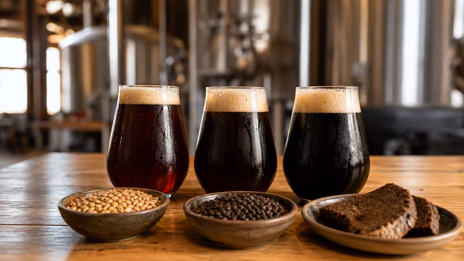 Three dark lager tasting glasses beside malt and dark bread on a brewery table.