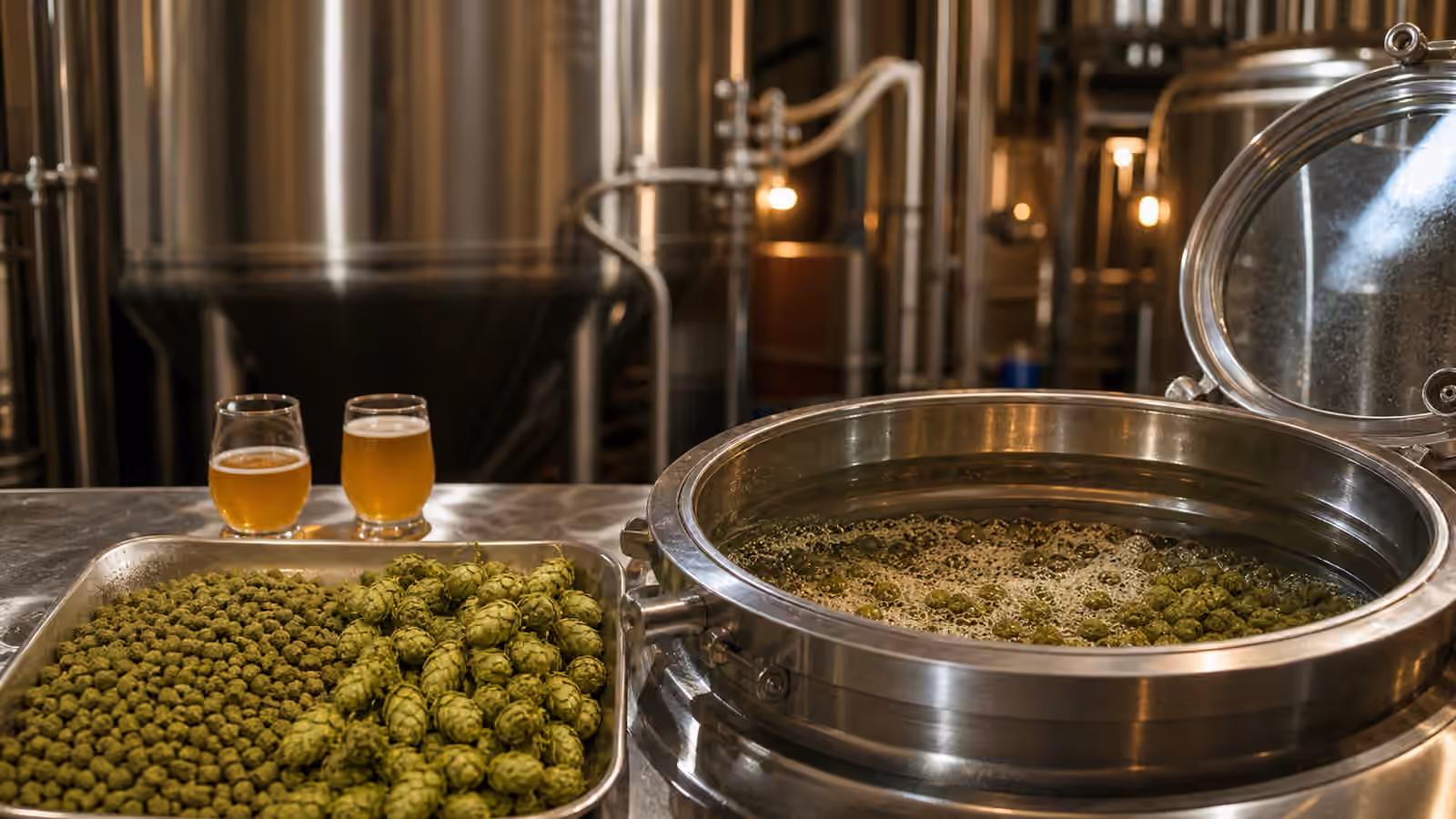 Hop pellets and whole cones beside an open brewery vessel and pale beer samples.
