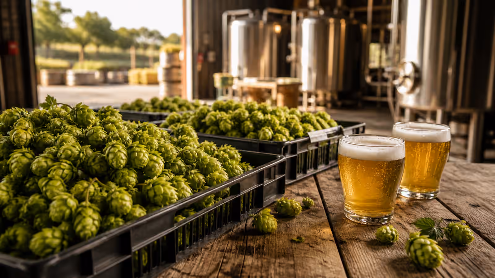 Fresh hop crates beside golden beer glasses near a brewery loading door.