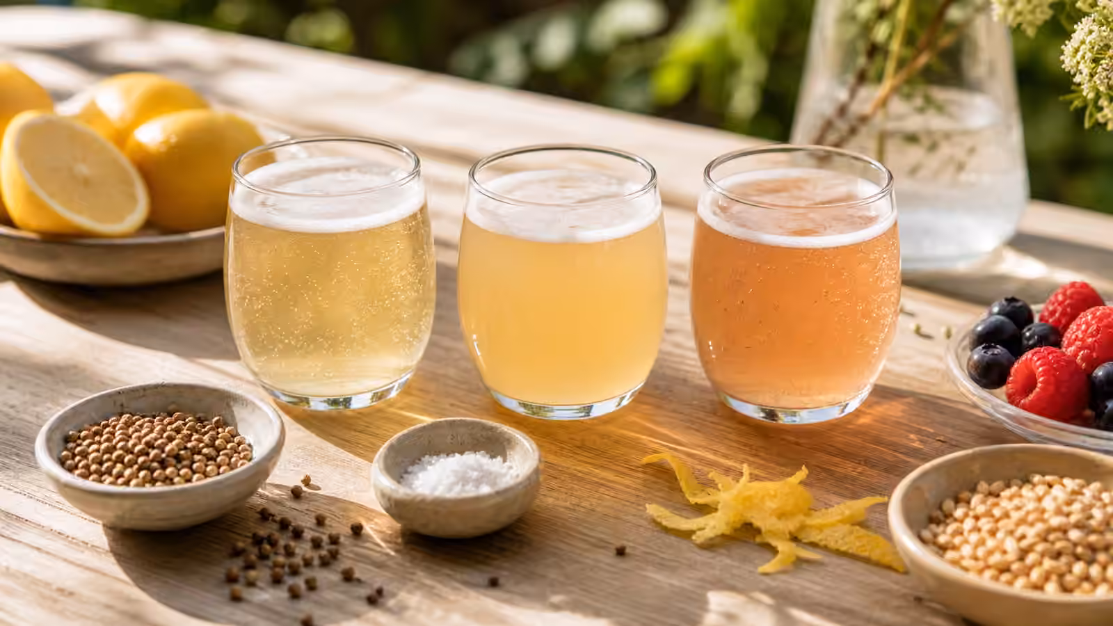 Pale tart wheat beers with coriander, salt, lemon peel, wheat, and berries on a bright table.