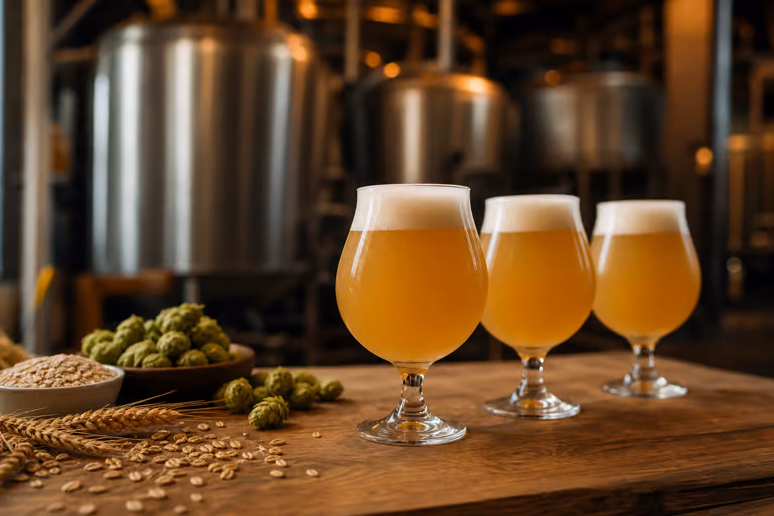 Three hazy IPA glasses beside hops, wheat, and oats on a brewery table.