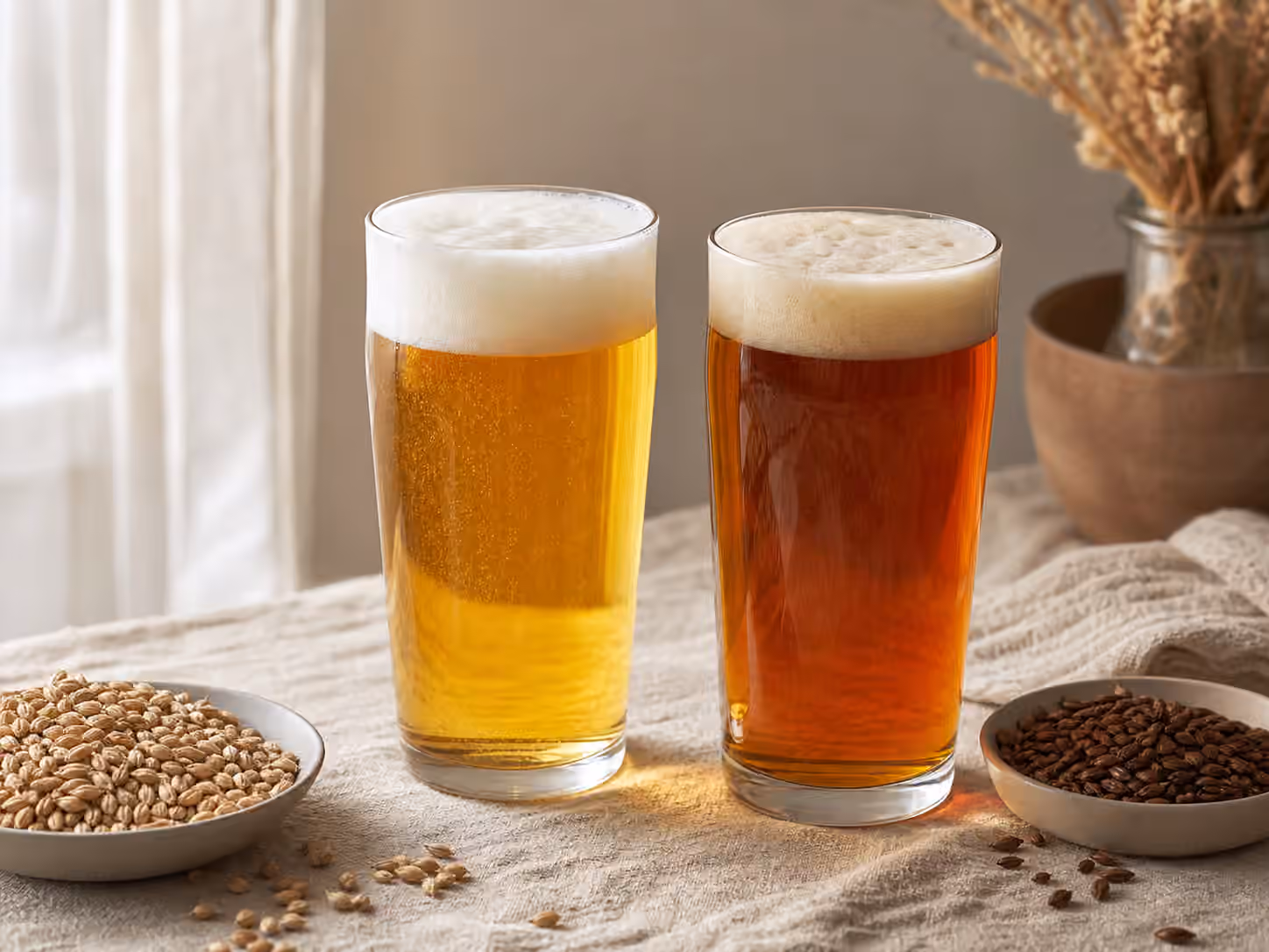 Pale helles and amber Vienna lager glasses beside dishes of pale and toasted malt.