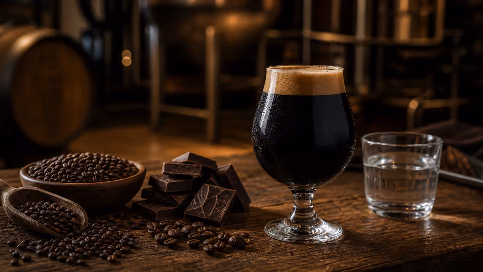A small glass of imperial stout with tan foam beside roasted grain, dark chocolate, and water.