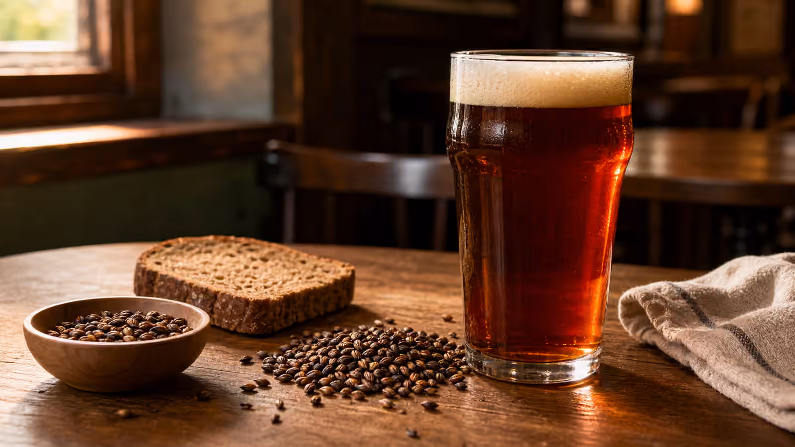 A red-amber ale on a pub table with toasted malt, brown bread, and a clean bar towel.