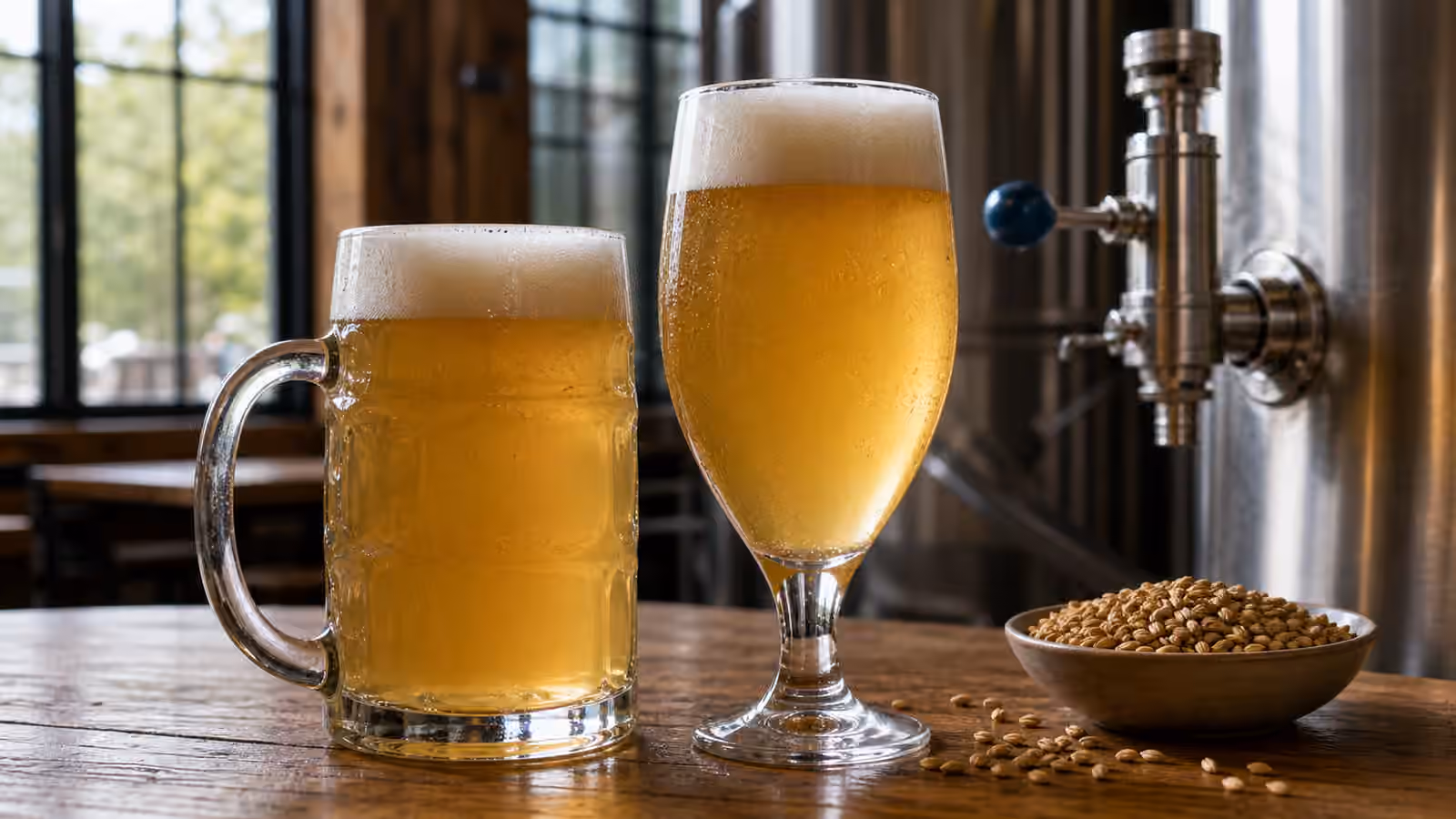 Two slightly hazy golden lagers near brewery tanks and a bowl of pale grain.