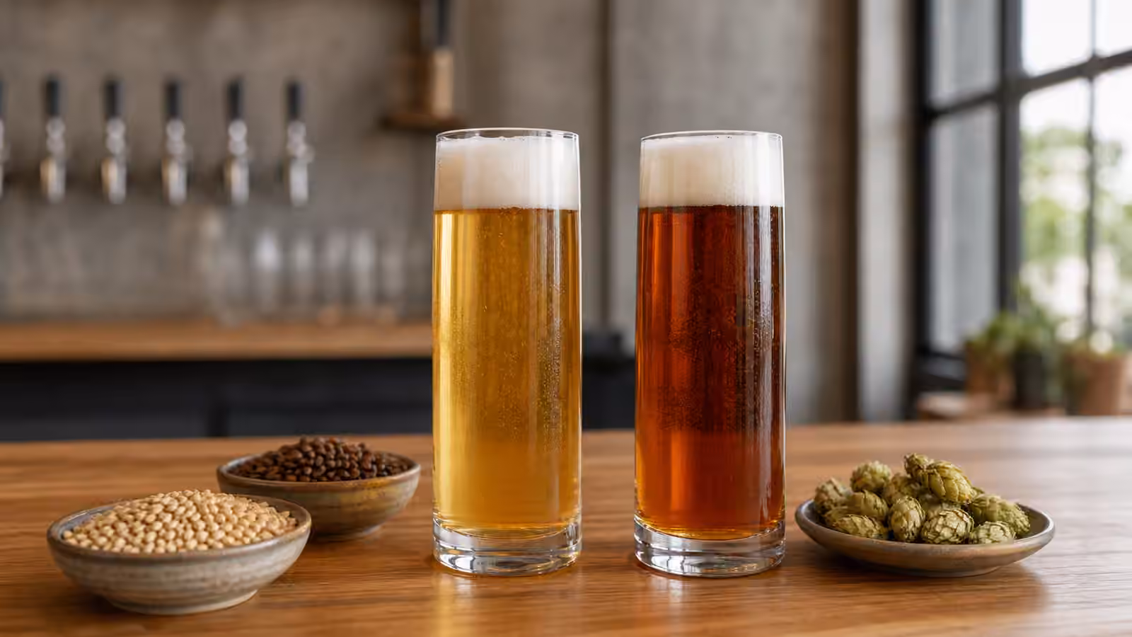 Pale and amber beers in slender glasses beside malt and hops on a taproom bar.