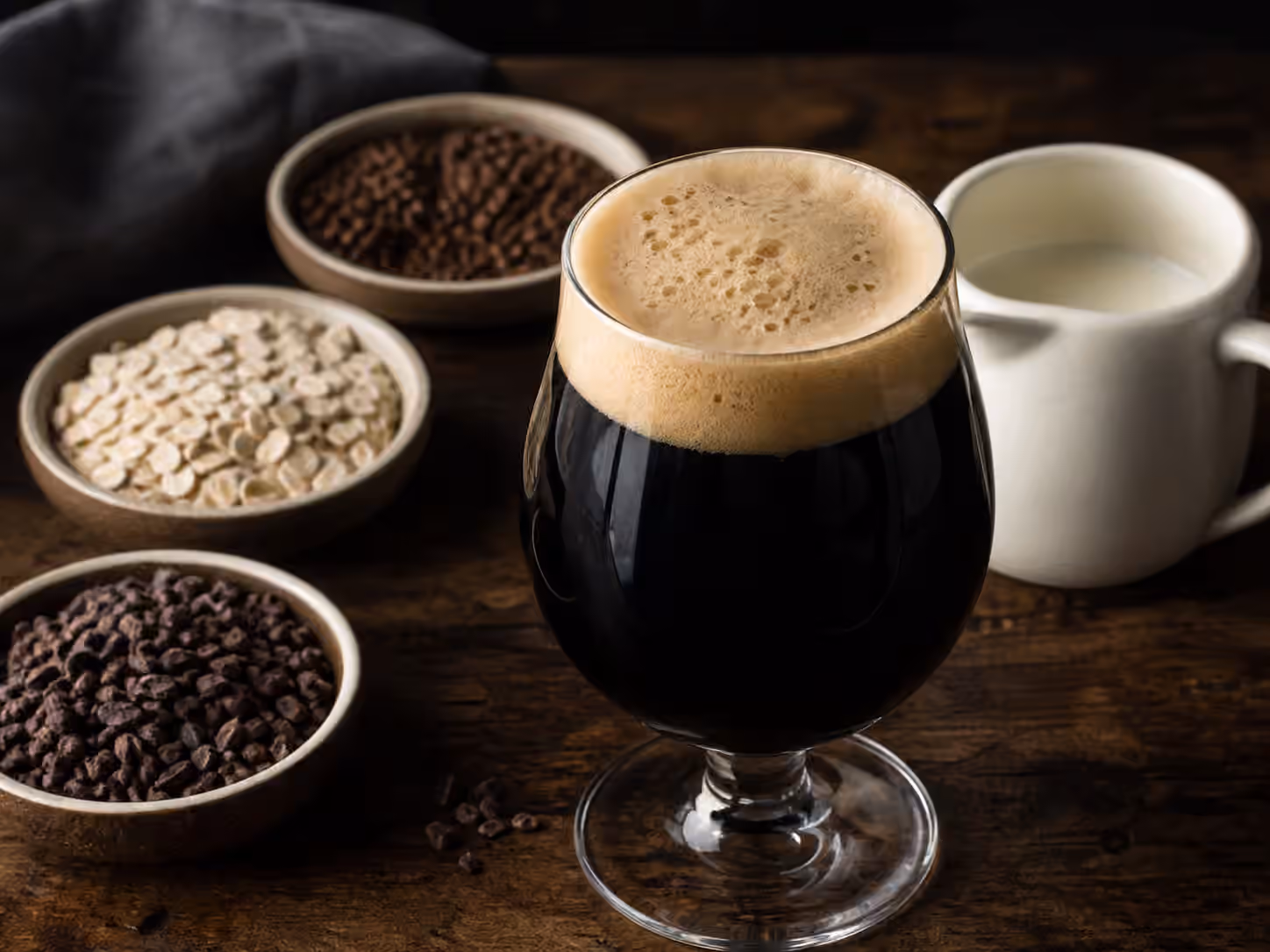Dark sweet stout with a creamy tan head beside roasted barley, oats, cocoa nibs, and a small creamer.