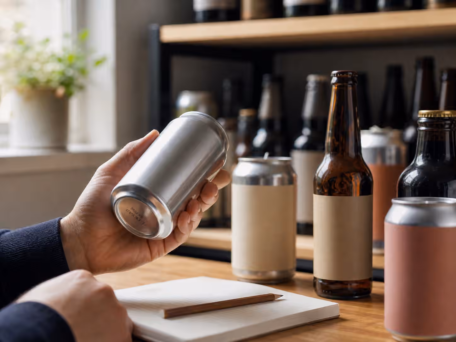 Unbranded beer cans and bottles on a table while someone inspects a blank label.