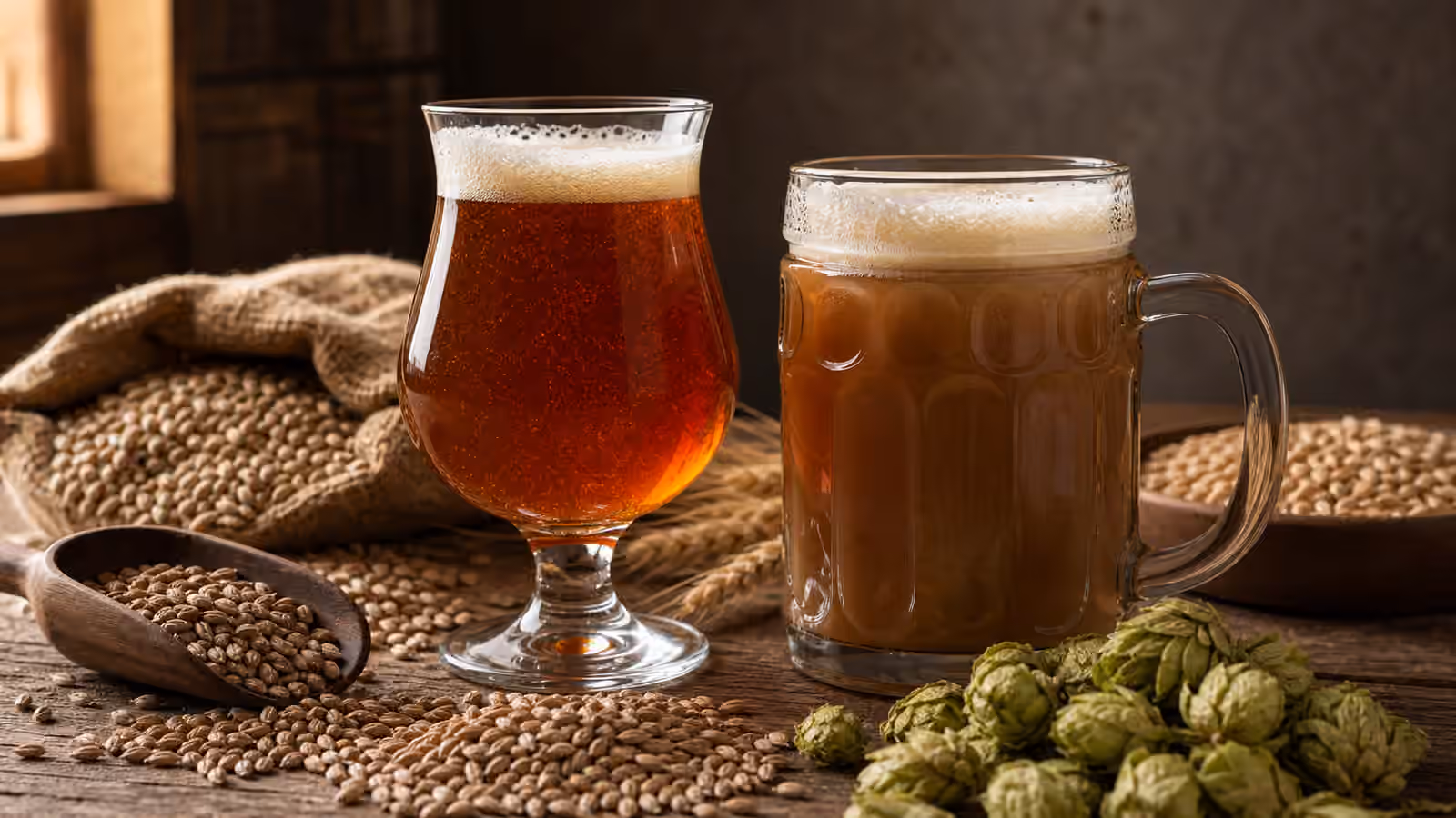 Amber and hazy rye beers with rye grain, barley, and green hops on a wooden table.