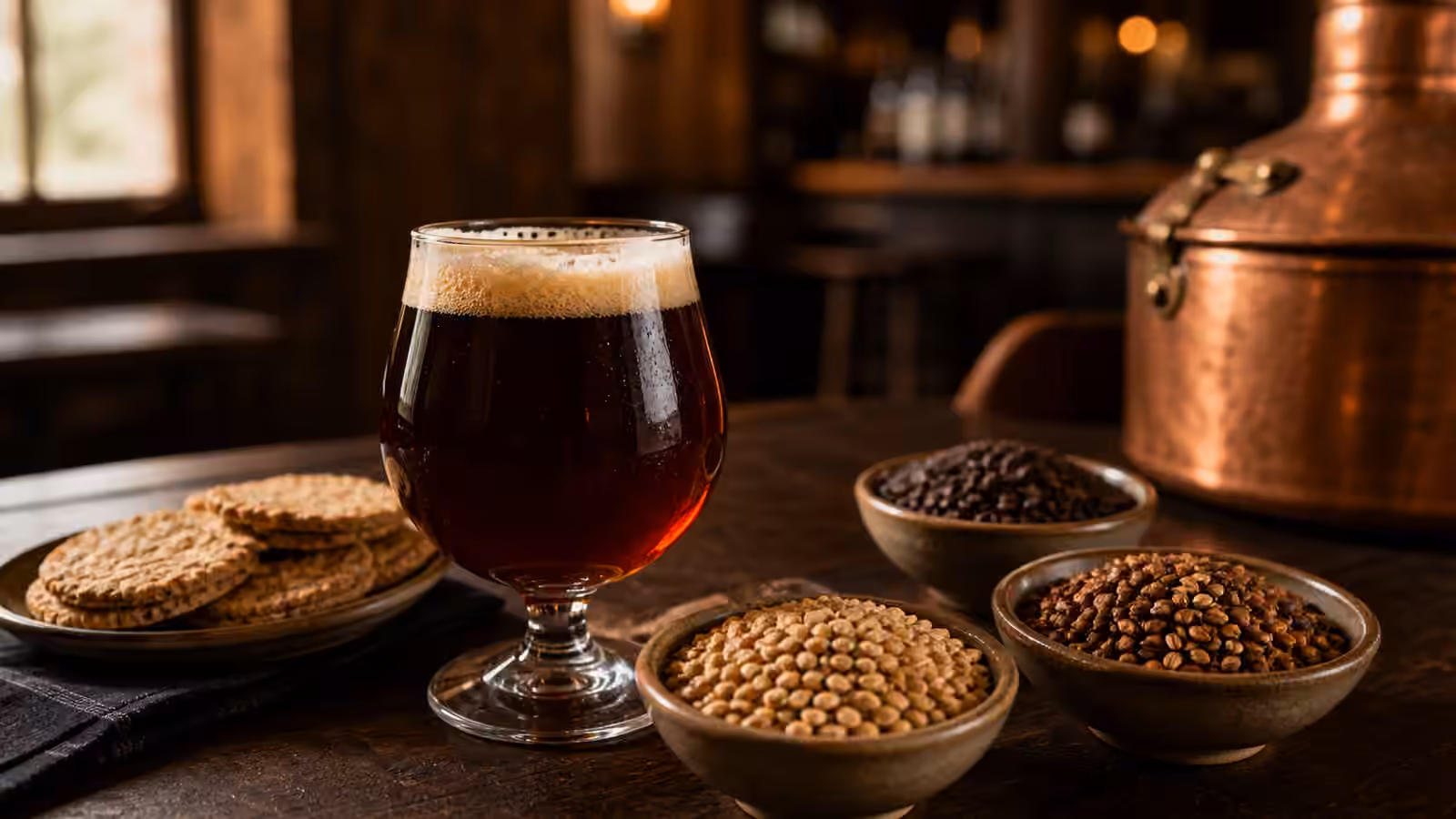 A small glass of deep ruby-brown ale beside malt, oatcakes, and a copper kettle.