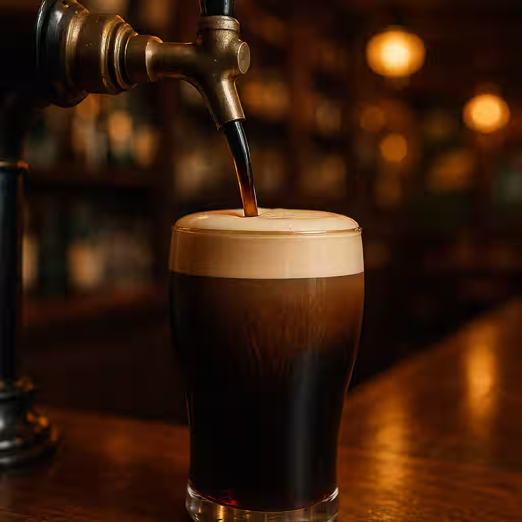A creamy dark stout being poured from a tap, cascading nitrogen bubbles creating the iconic waterfall effect, the deep black liquid settling with a thick tan head, in a traditional Irish pub setting with warm amber lighting
