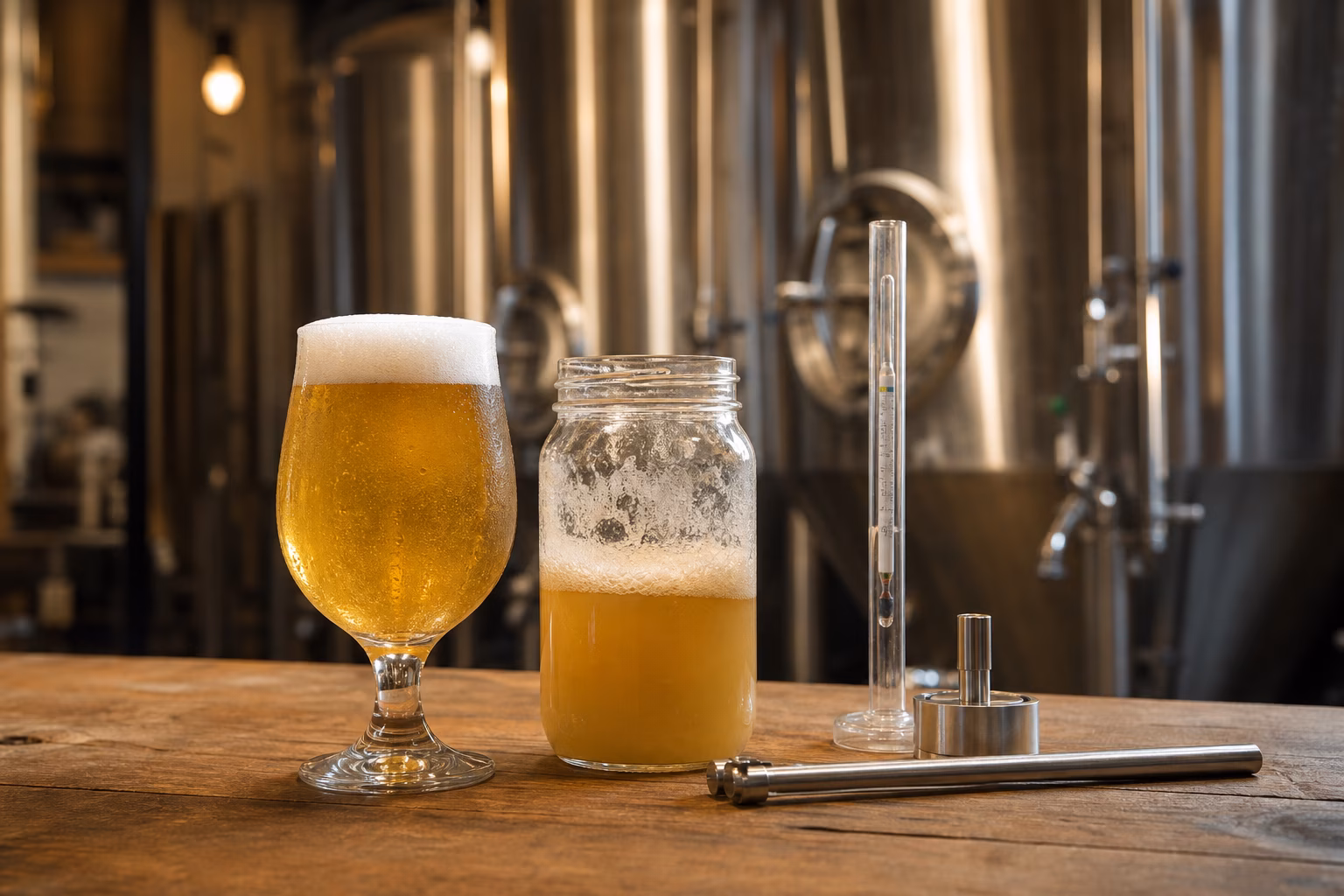 A glass of golden beer beside a fermenting sample jar and hydrometer in a small brewery fermentation room.