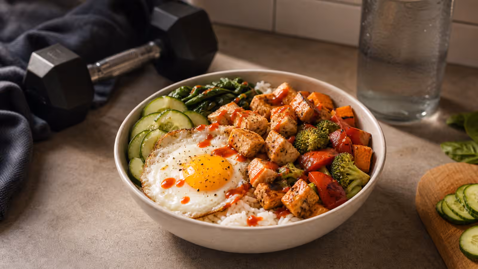 An after-workout boy kibble bowl with rice, turkey or tofu, roasted vegetables, cucumber, greens, egg, hot sauce, and water nearby.
