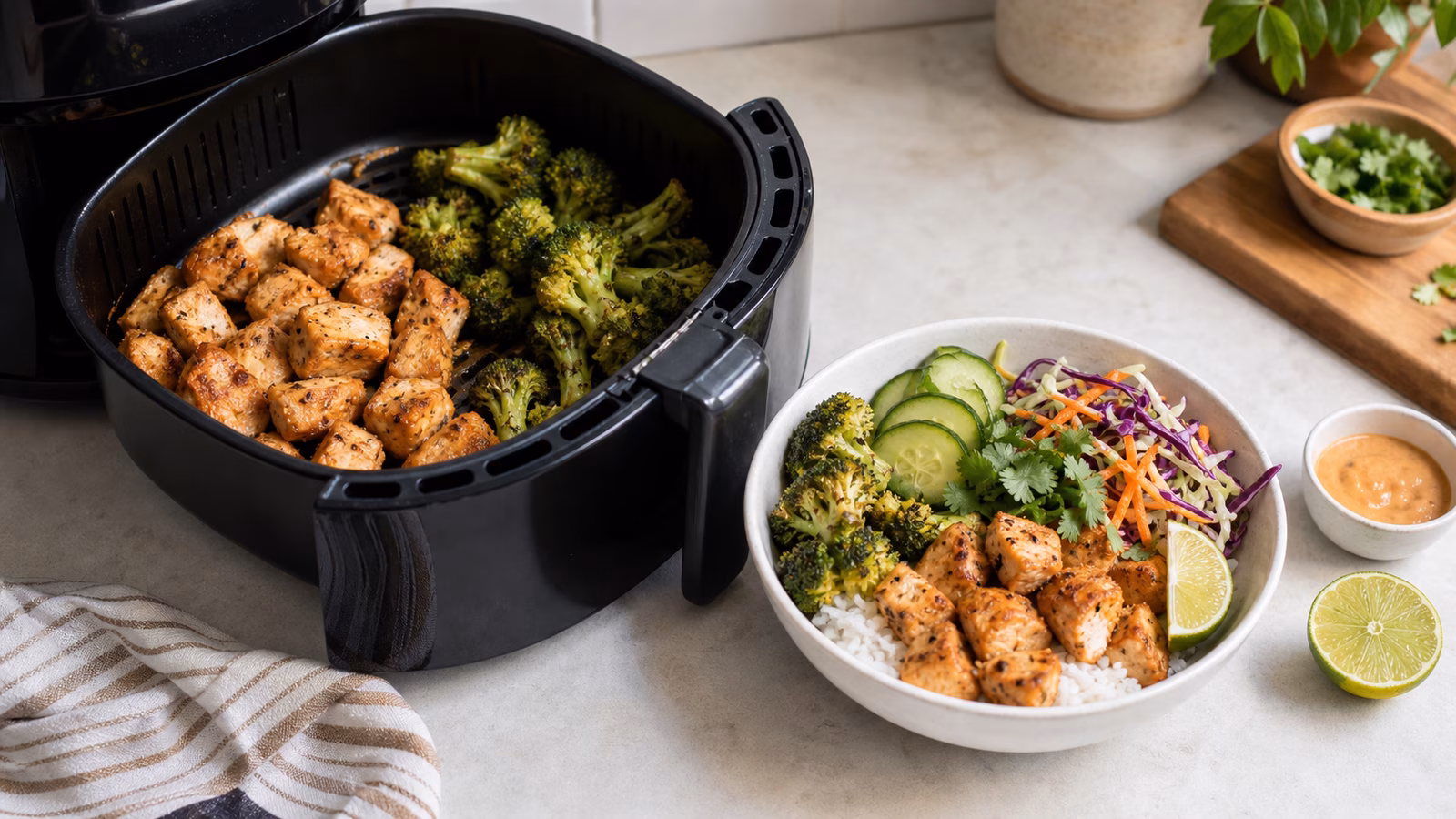An air fryer basket with browned chicken and broccoli beside a finished rice bowl with slaw, cucumber, herbs, sauce, and lime.