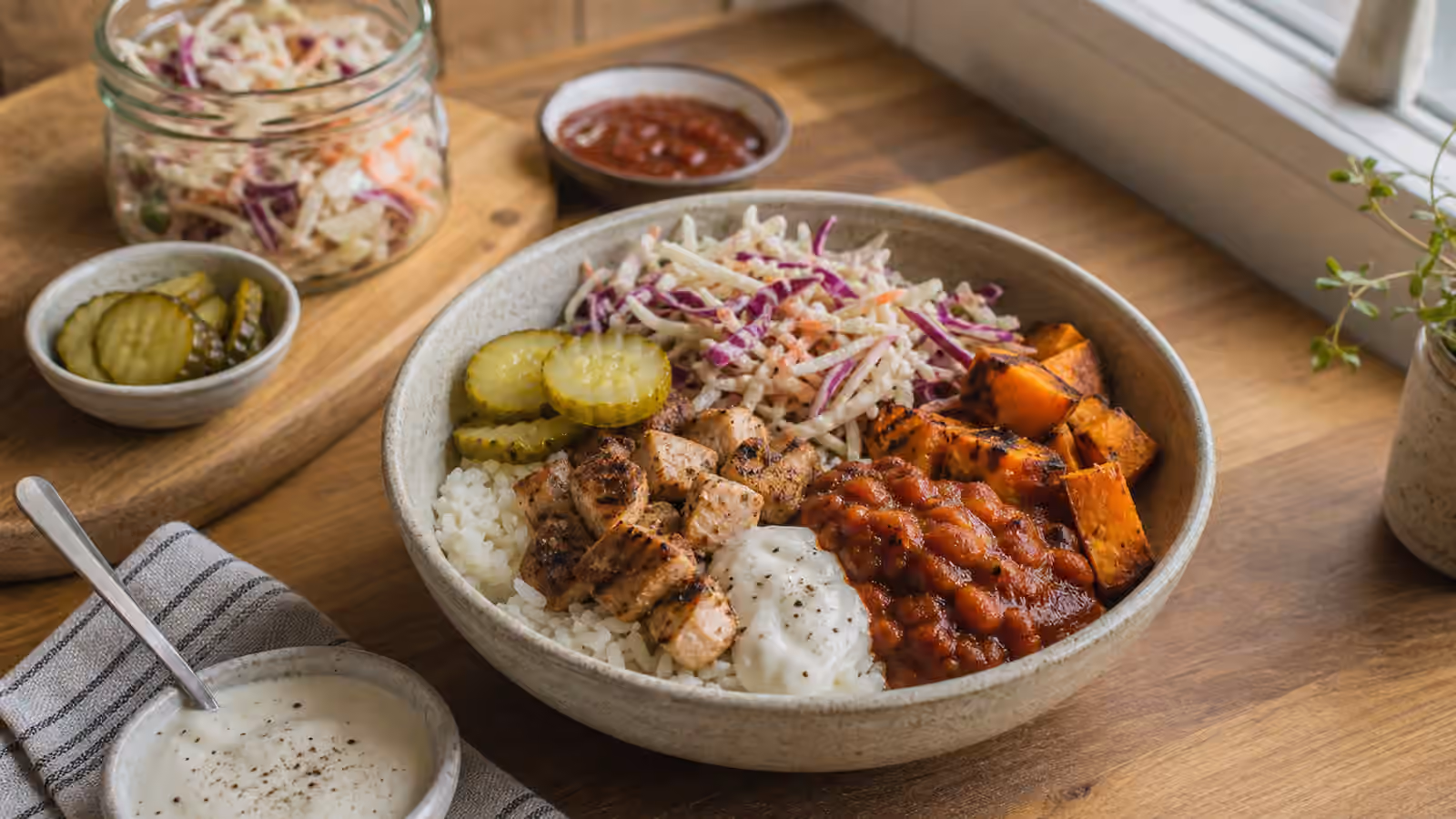 A barbecue-style boy kibble bowl with rice, sauced protein, roasted sweet potatoes, cabbage slaw, pickles, and creamy sauce.