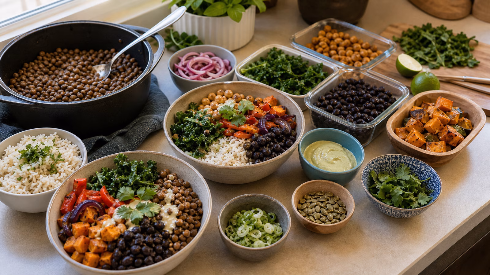 Practical boy kibble bowls with rice, lentils, black beans, chickpeas, vegetables, greens, sauces, herbs, and simple toppings on a home kitchen counter.