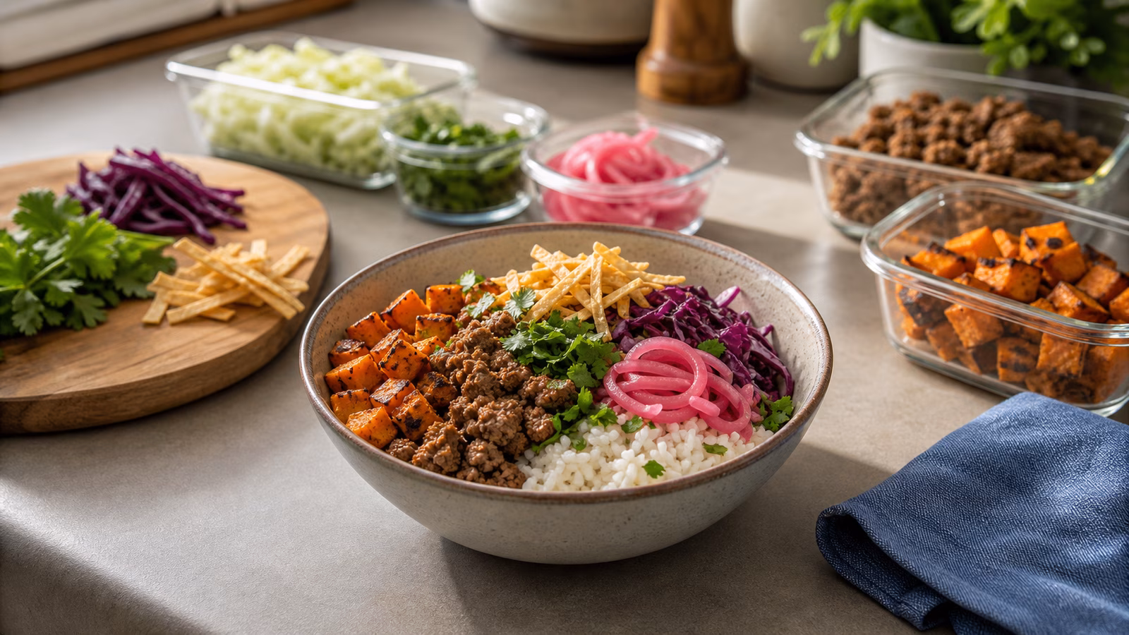 A practical boy kibble bowl with rice, browned protein, roasted vegetables, shredded cabbage, herbs, pickled onions, sauce, and crisp toppings on a home kitchen counter.